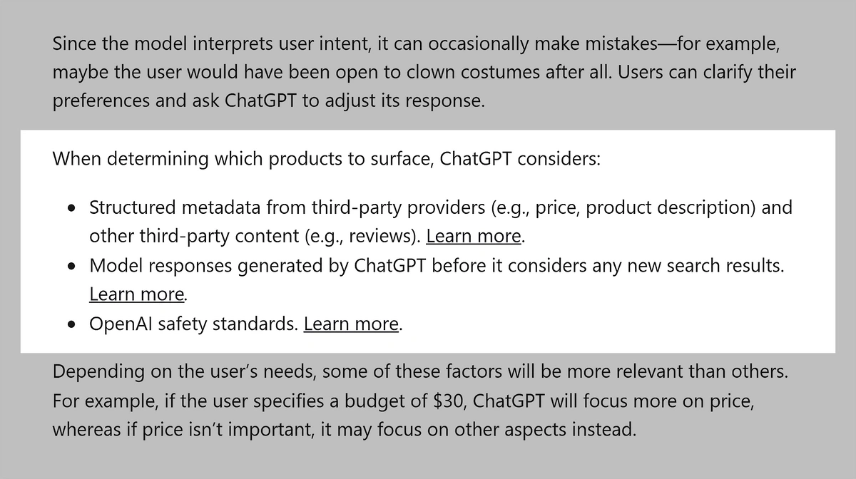 Excerpt from OpenAI revealing product selection criteria