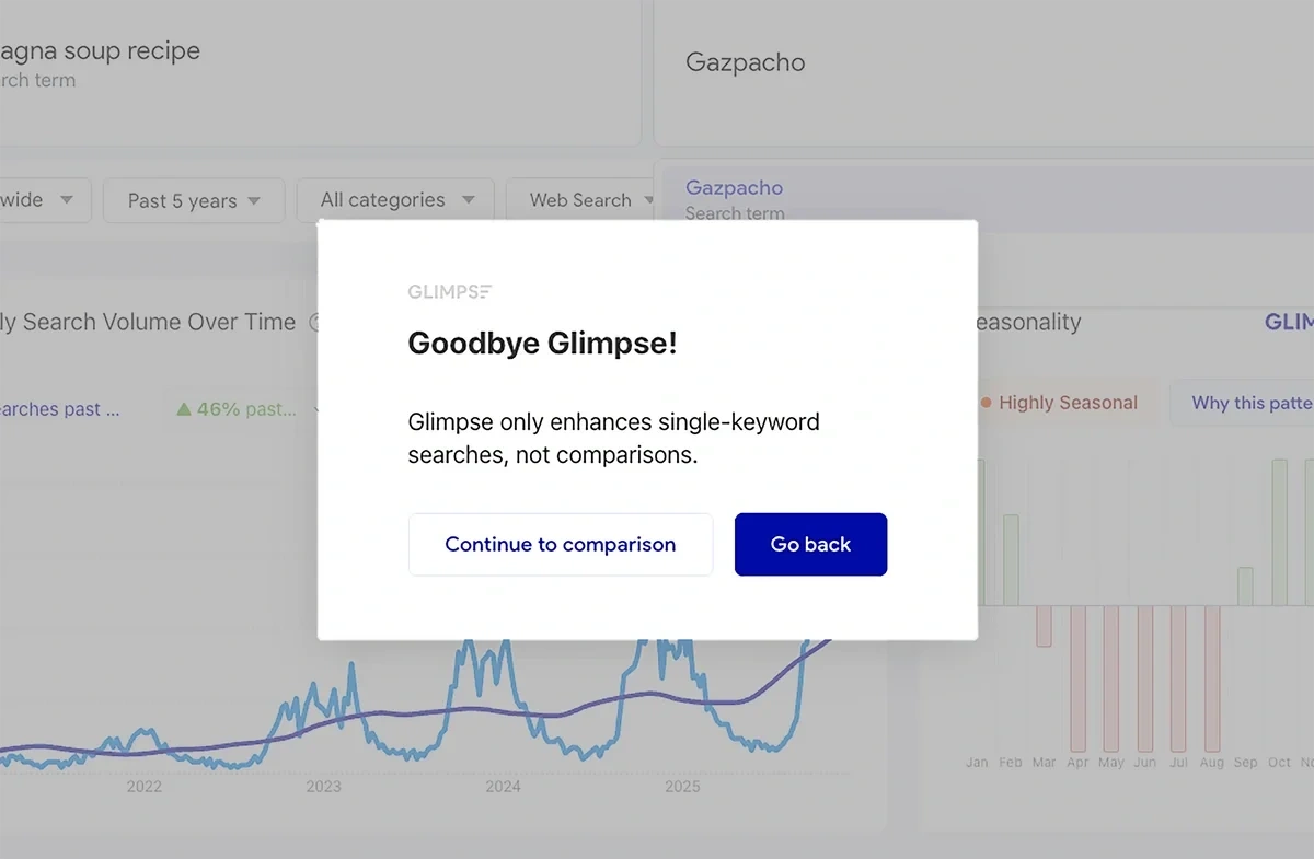 A purple and white pop-up message tells the user that Glimpse cannot compare two trends.