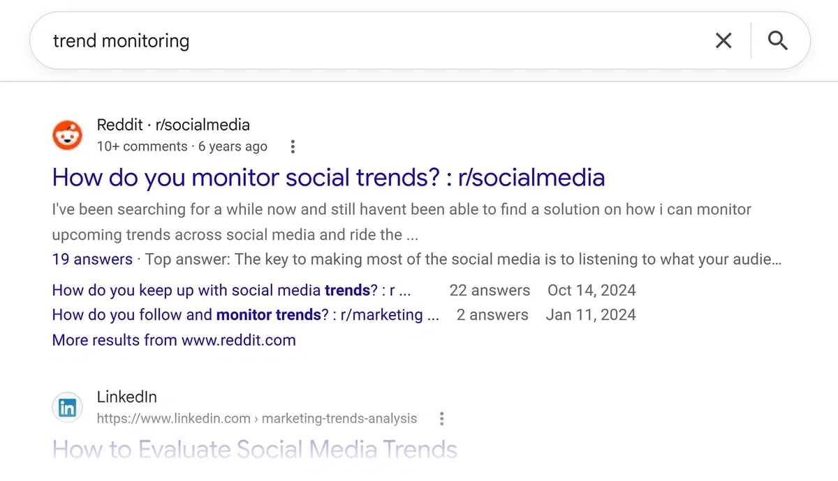 Reddit result on page one for 'trend monitoring