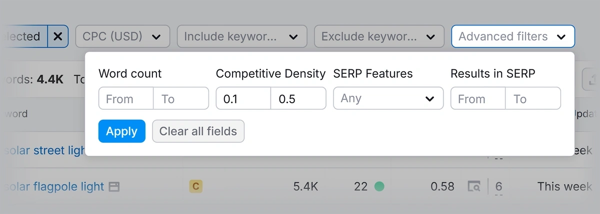 Semrush competitive density filter