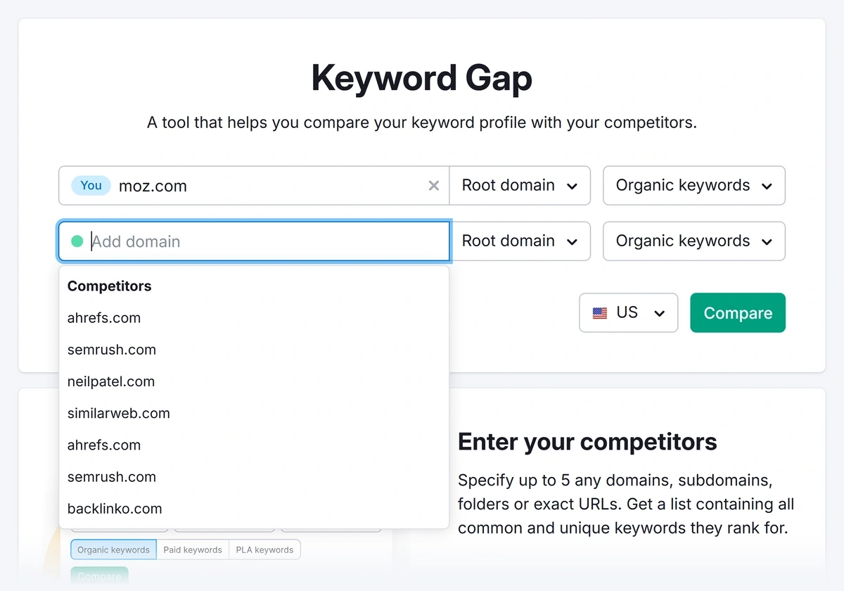 Semrush Keyword Gap: Type in competitors or choose them from the dropdown