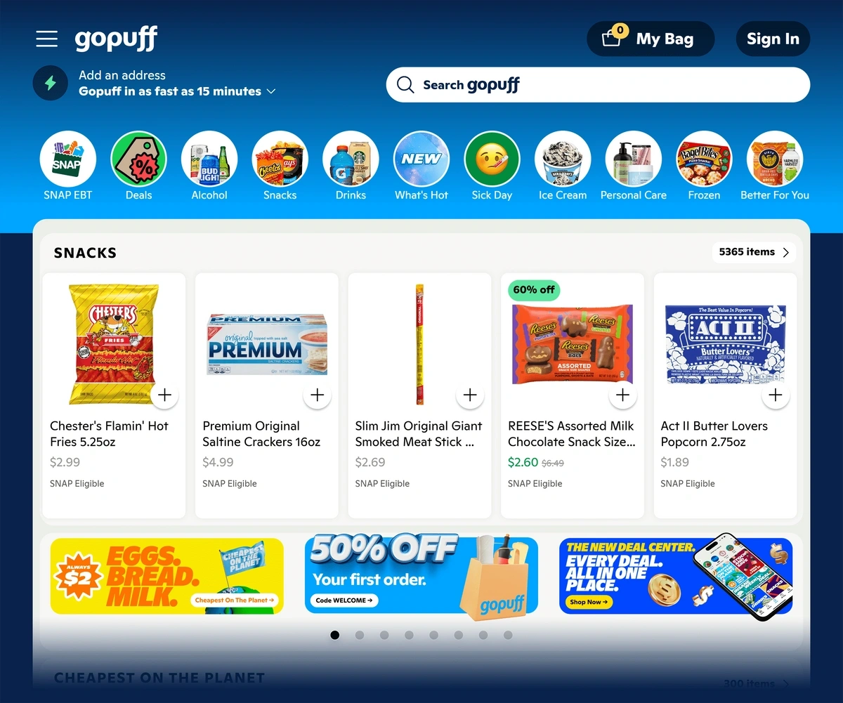 Screengrab of the GoPuff homepage, which displays various snacks and groceries available for delivery