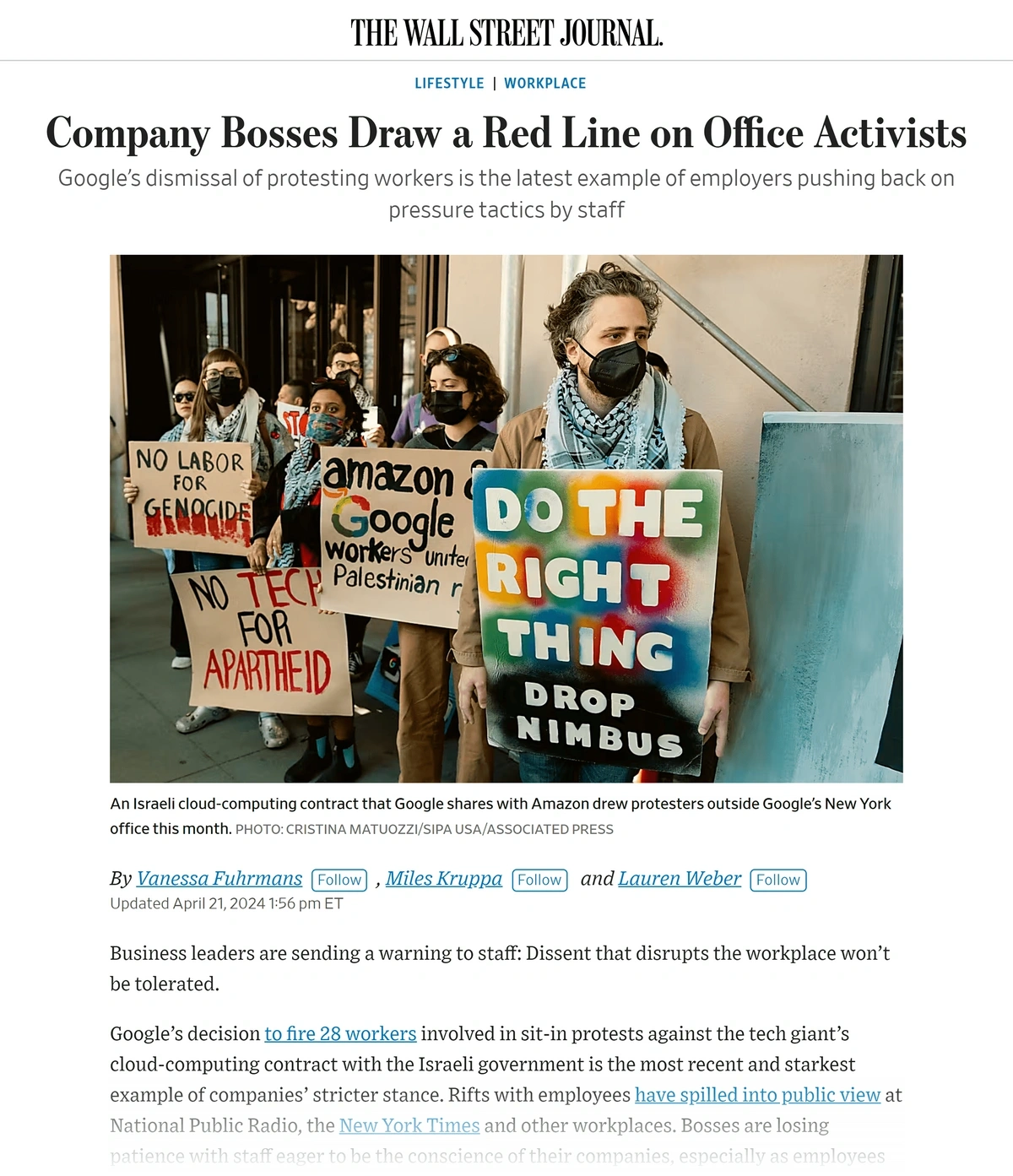 Screenshot from a Wall Street Journal article on company activism clampdowns. Includes picture of protestors