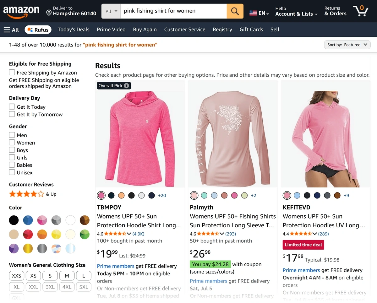 A programmatically generated Amazon page selling pink fishing shirts for women