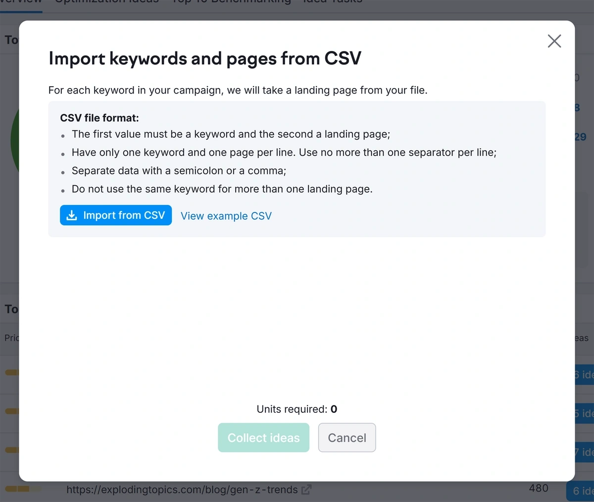 Import pages to optimize in Semrush