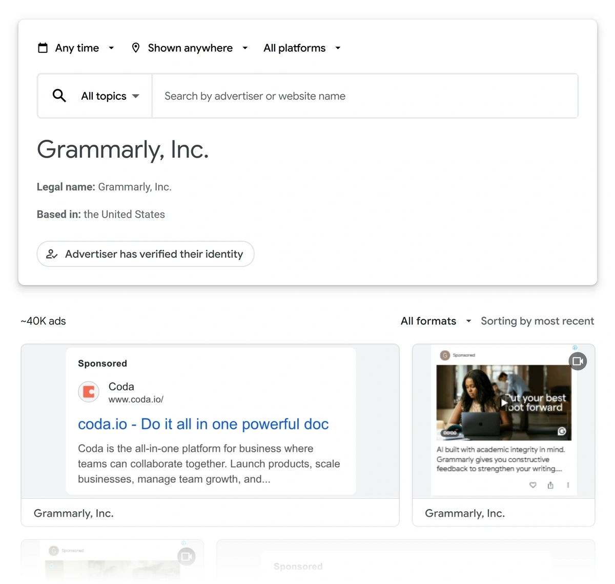 Google ad previews for a competitor