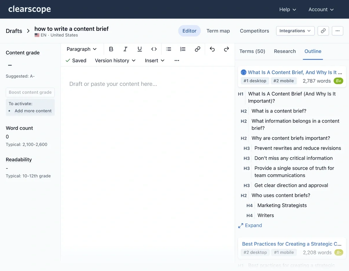 Clearscope reports include a blank text editor, content grading system, and suggested keywords and structure.