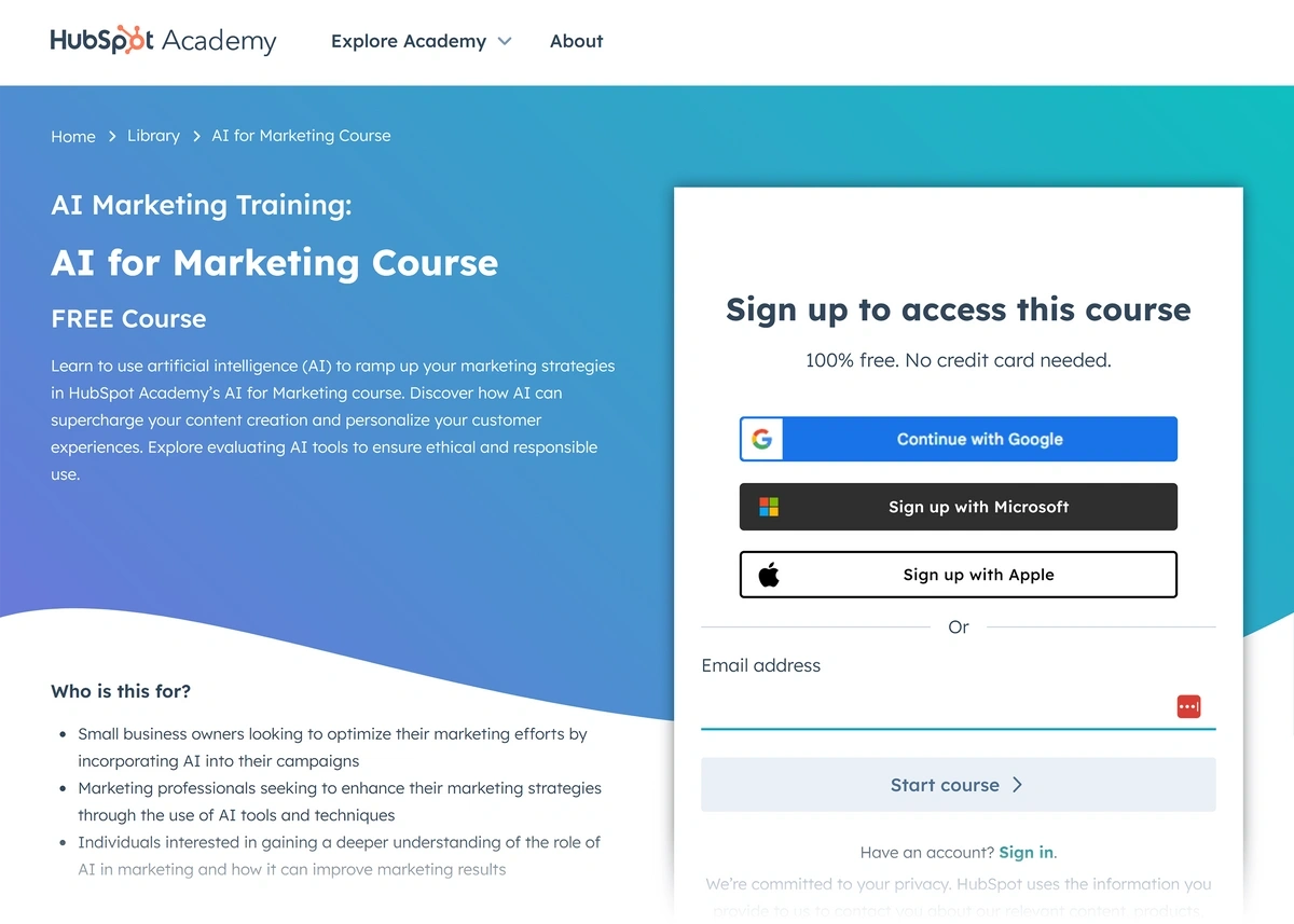 HubSpot AI for marketing course homepage