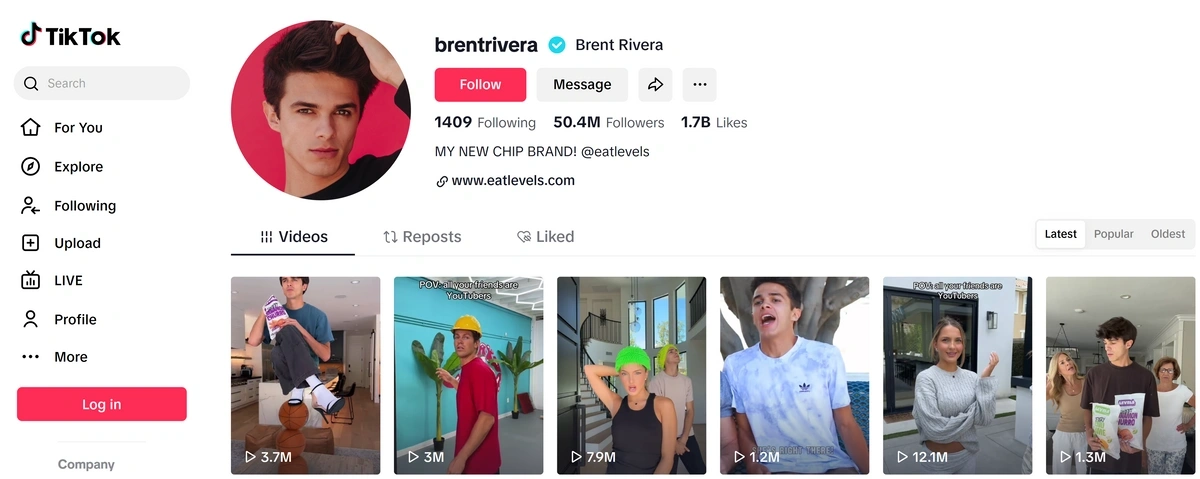 Screenshot of Brent Rivera's TikTok page