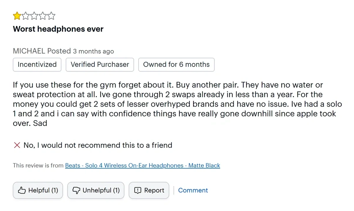 Negative review for bluetooth headphones