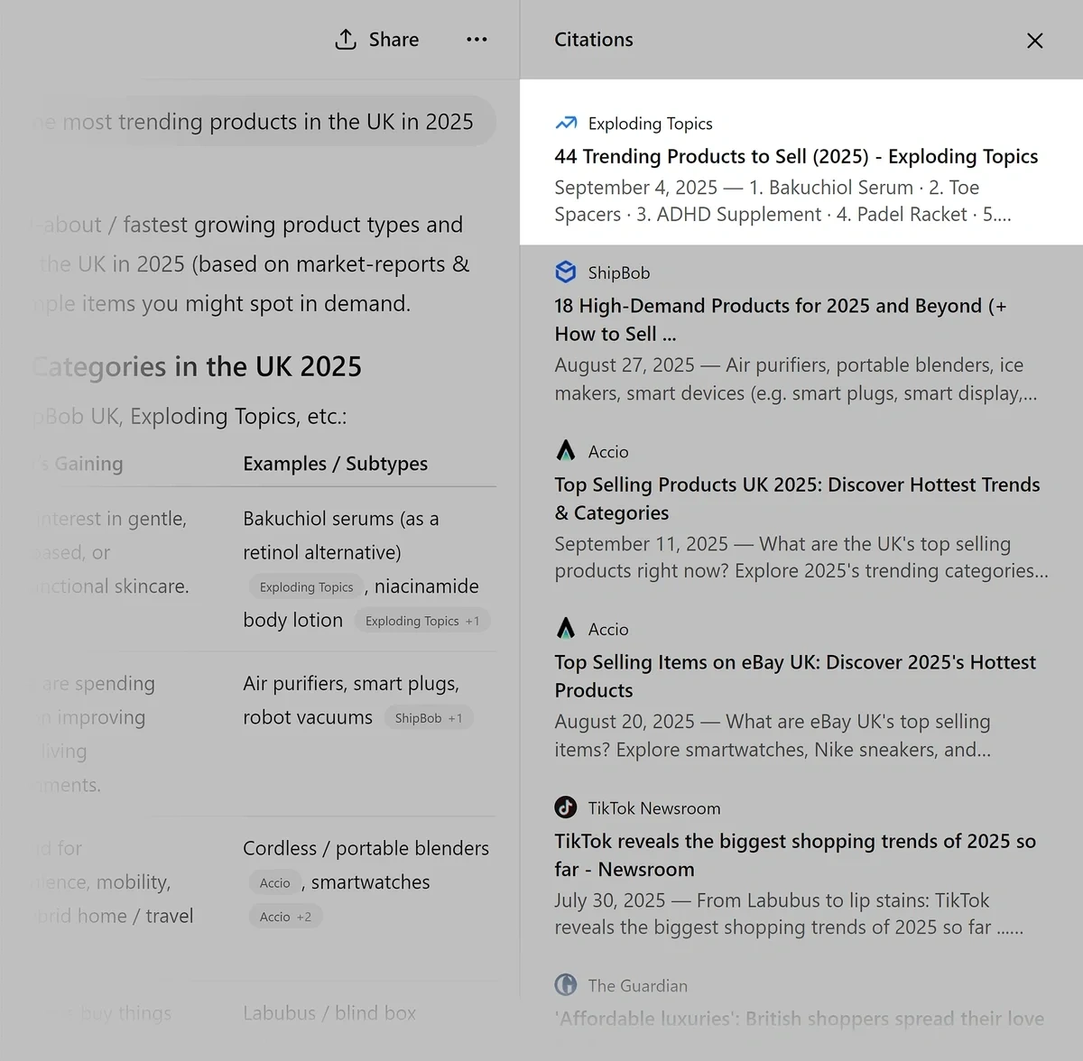 ChatGPT response showing Exploding Topics as a source