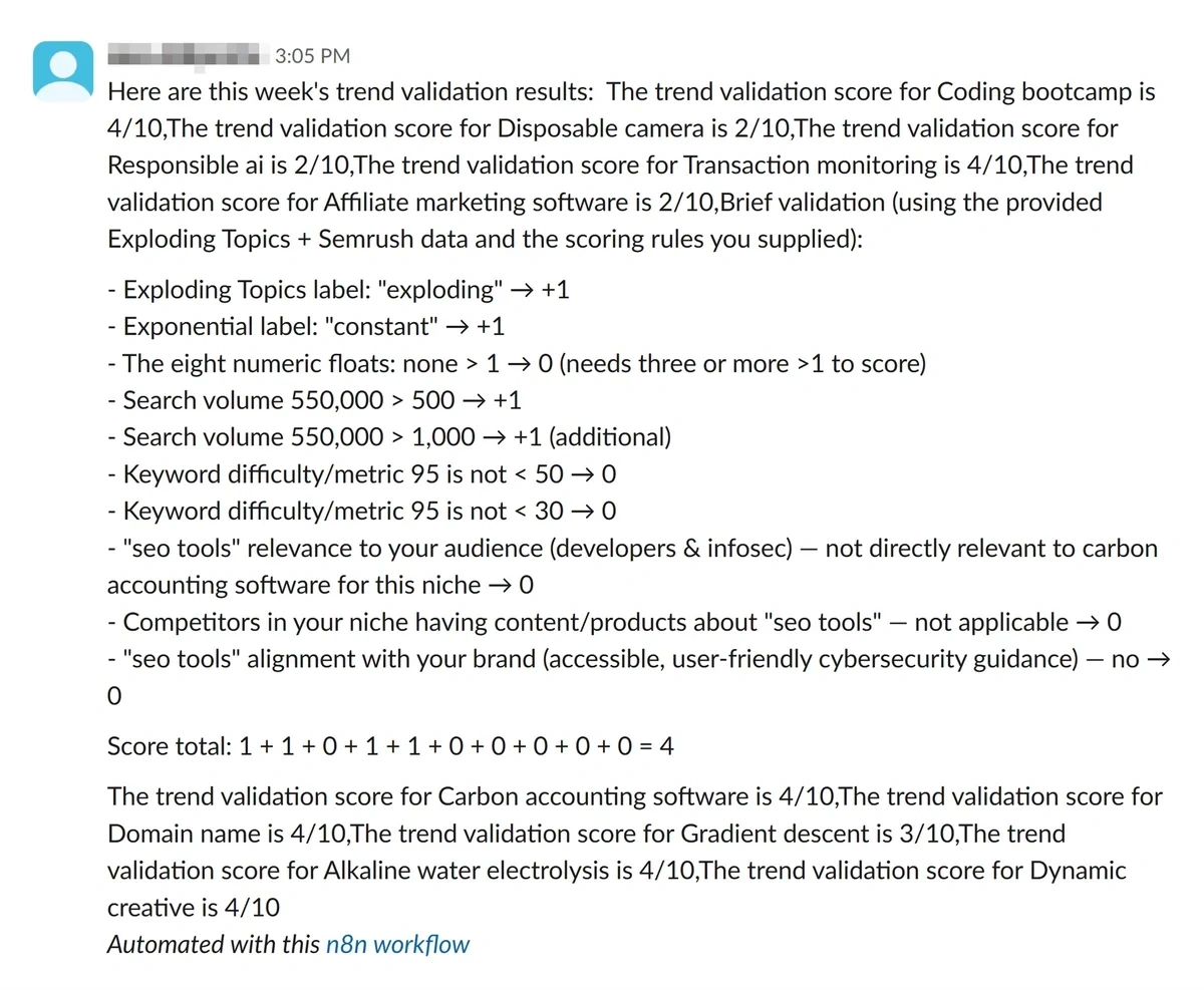Trend validation AI agent results posted to Slack