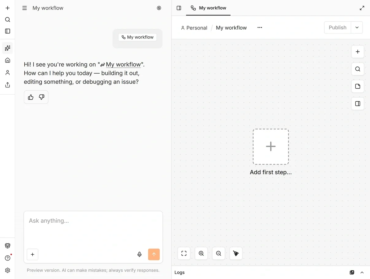 Opening the AI chat in the n8n workflow builder