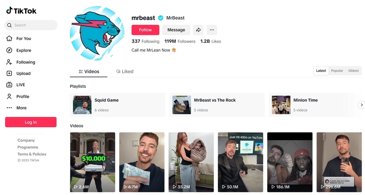 Screenshot of MrBeast's TikTok page