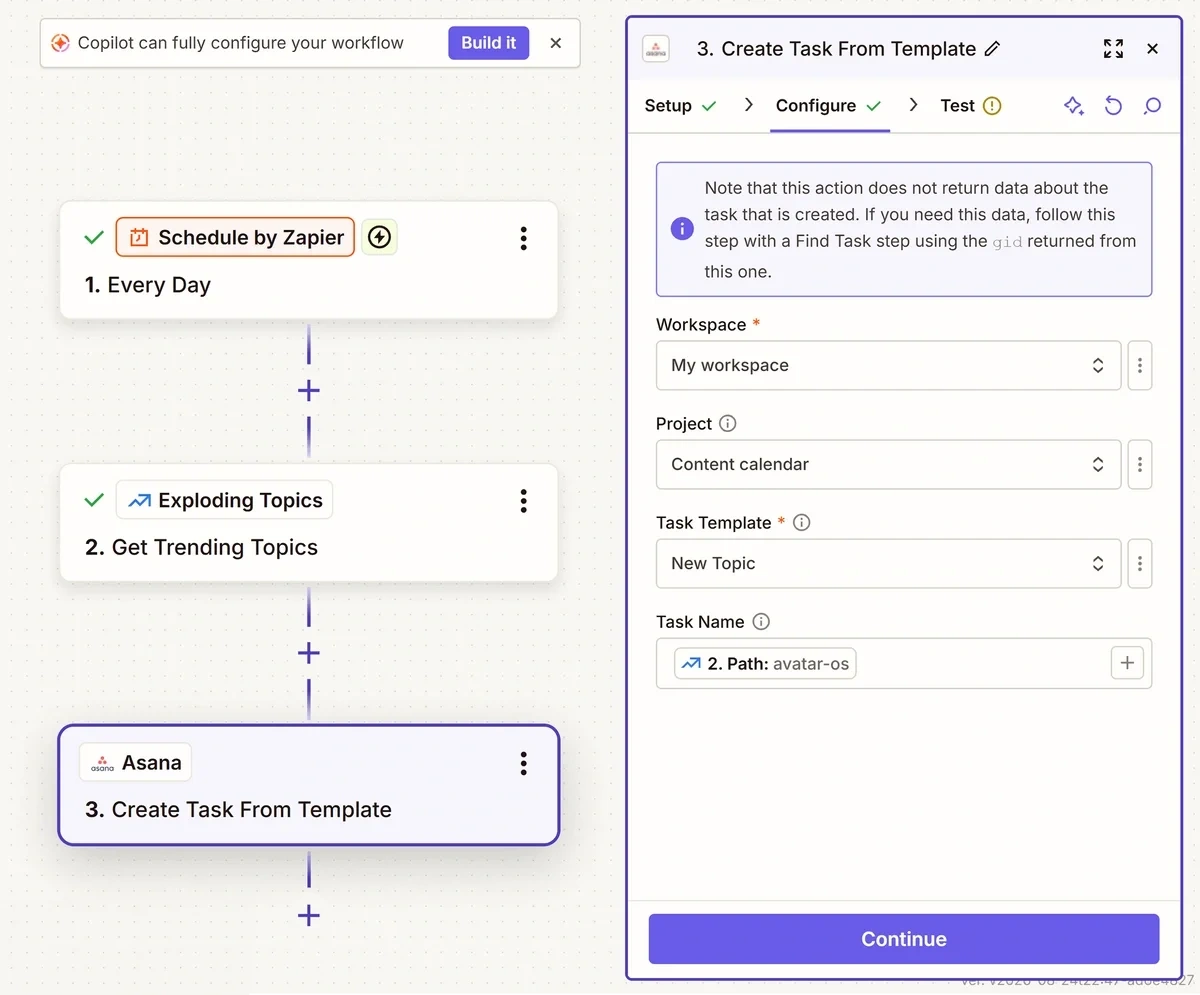 Configuring Asana setting in the Zapier workflow builder