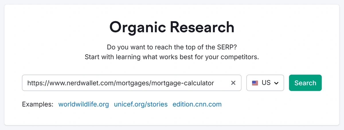 Search nerdwallet's webpage in Semrush's organic research tool