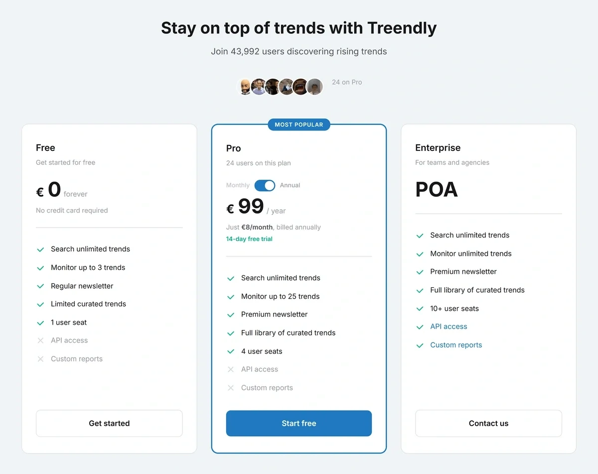 Treendly pricing page