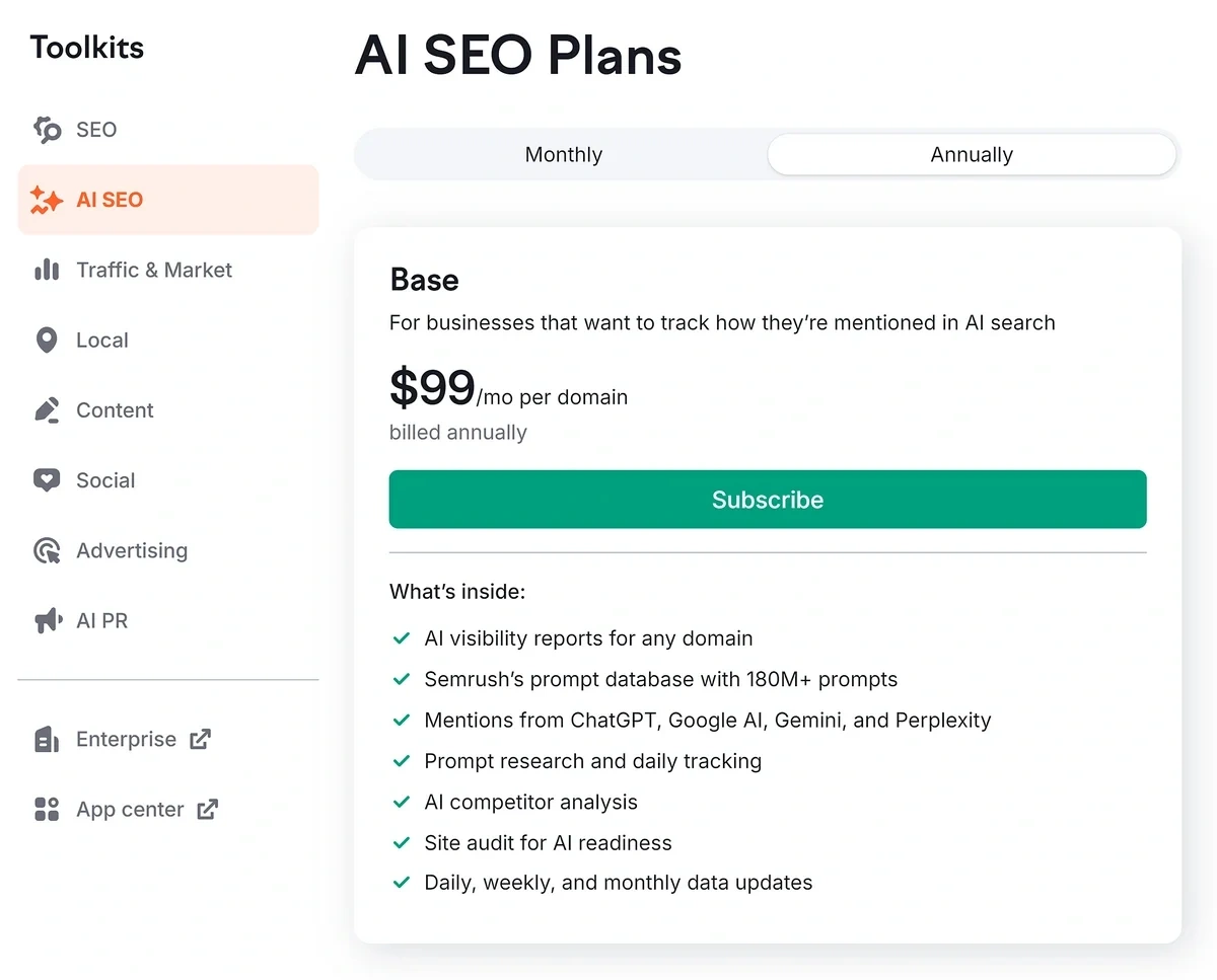 Semrush AI SEO pricing