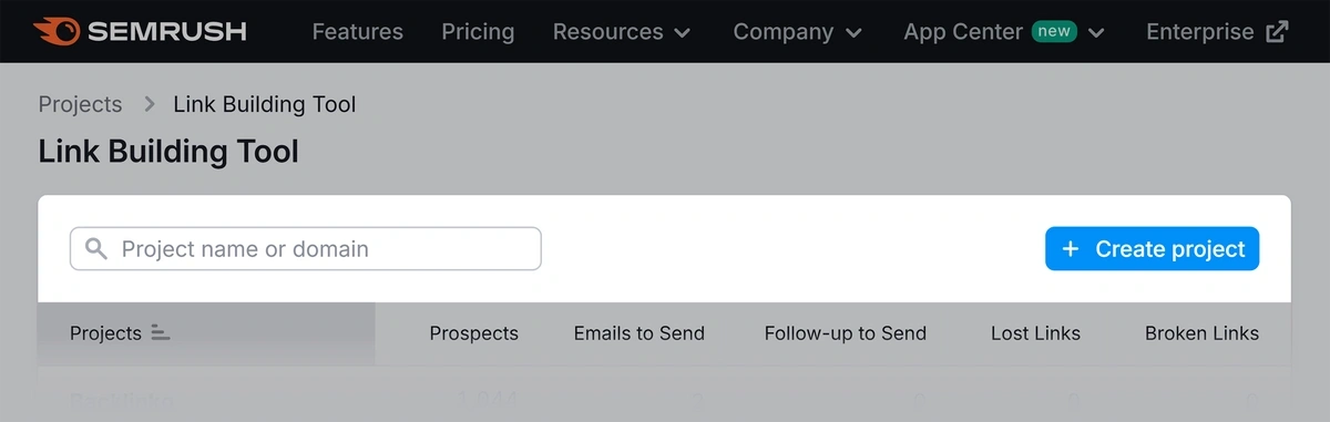 Creating a link building project in Semrush