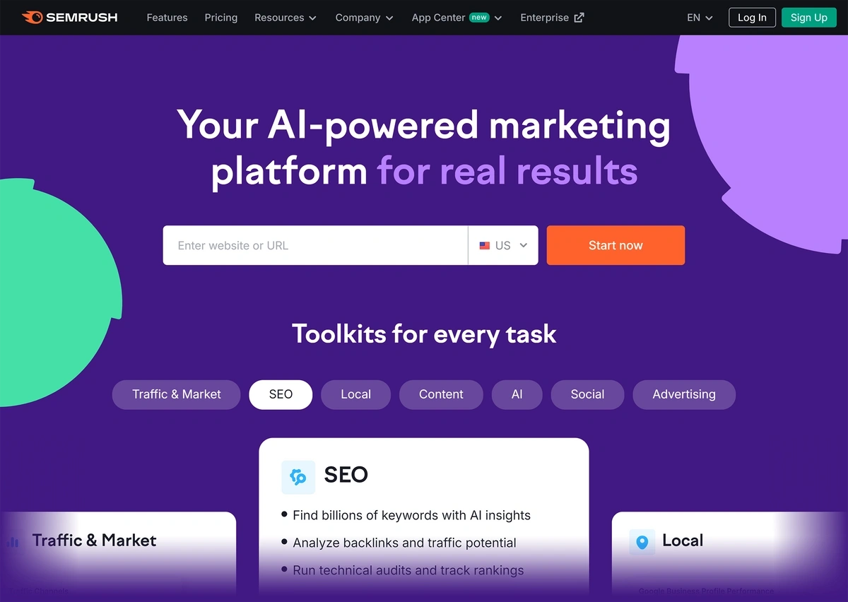 The purple and white Semrush homepage reads "Your AI-powered marketing platform for real results."