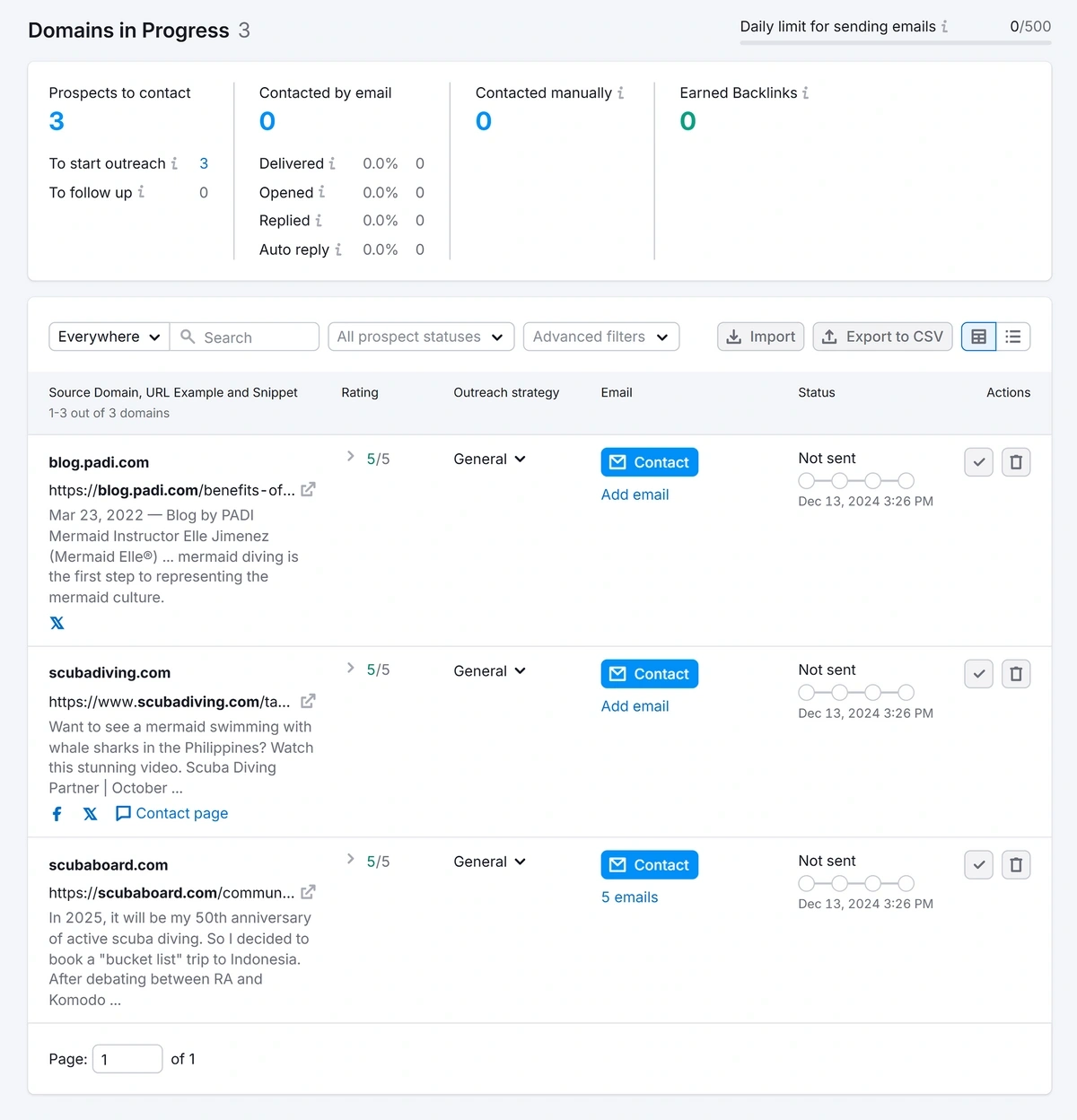 Viewing prospects in a link building project in Semrush