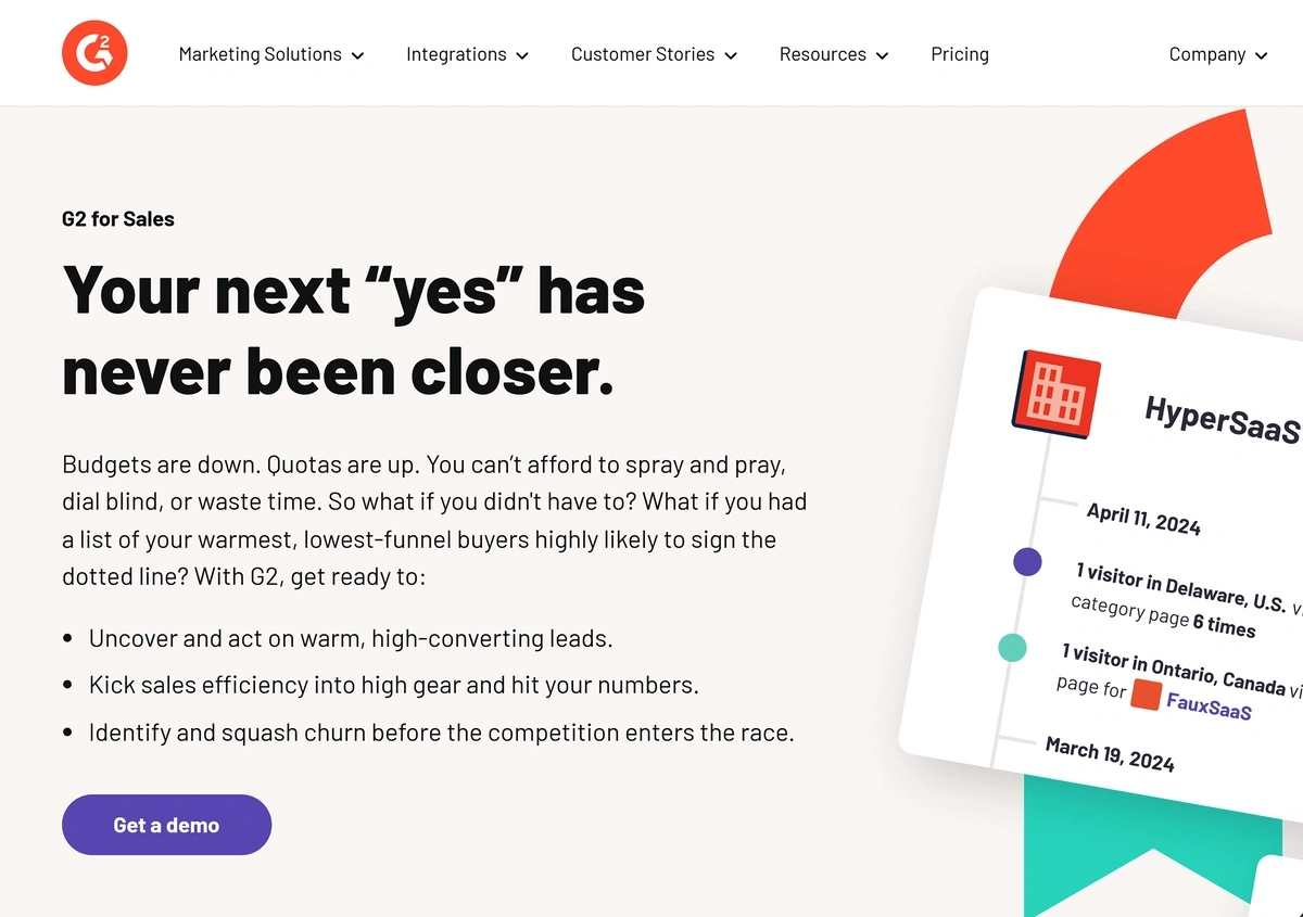 A G2 landing page that says "your next yes has never been closer"