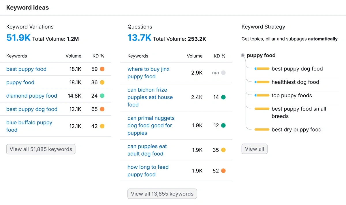 Semrush keyword ideas overview