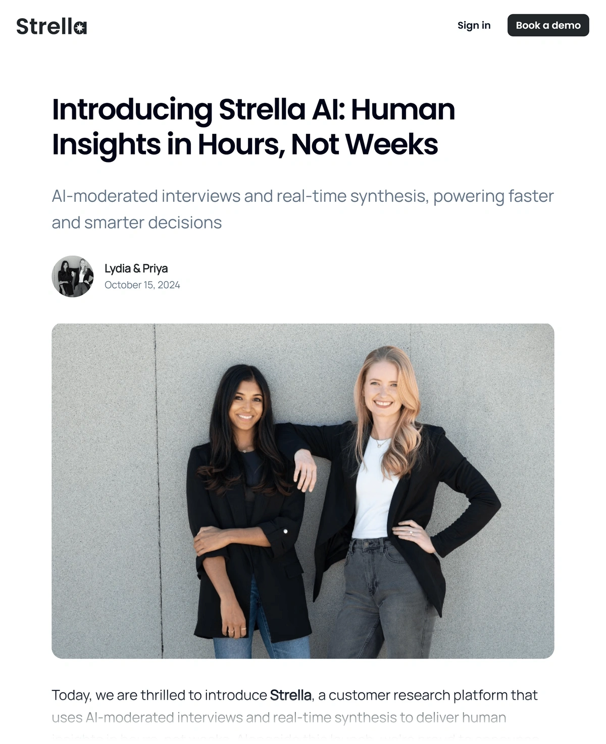 Screengrab from Strella's official launch announcement. Contains an image of the two founders and details of the seed funding round
