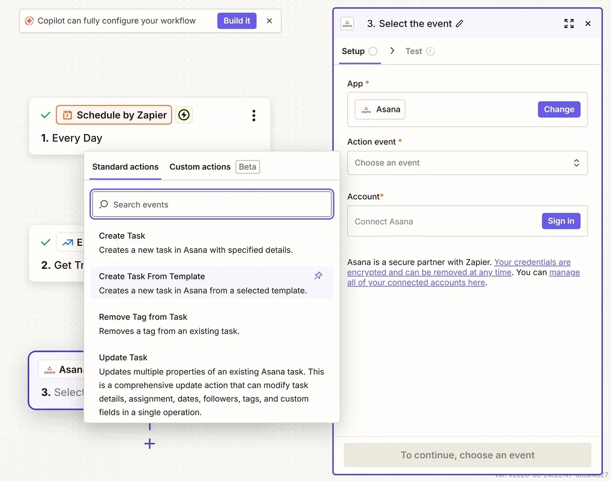 Asana action event options in the Zapier workflow builder