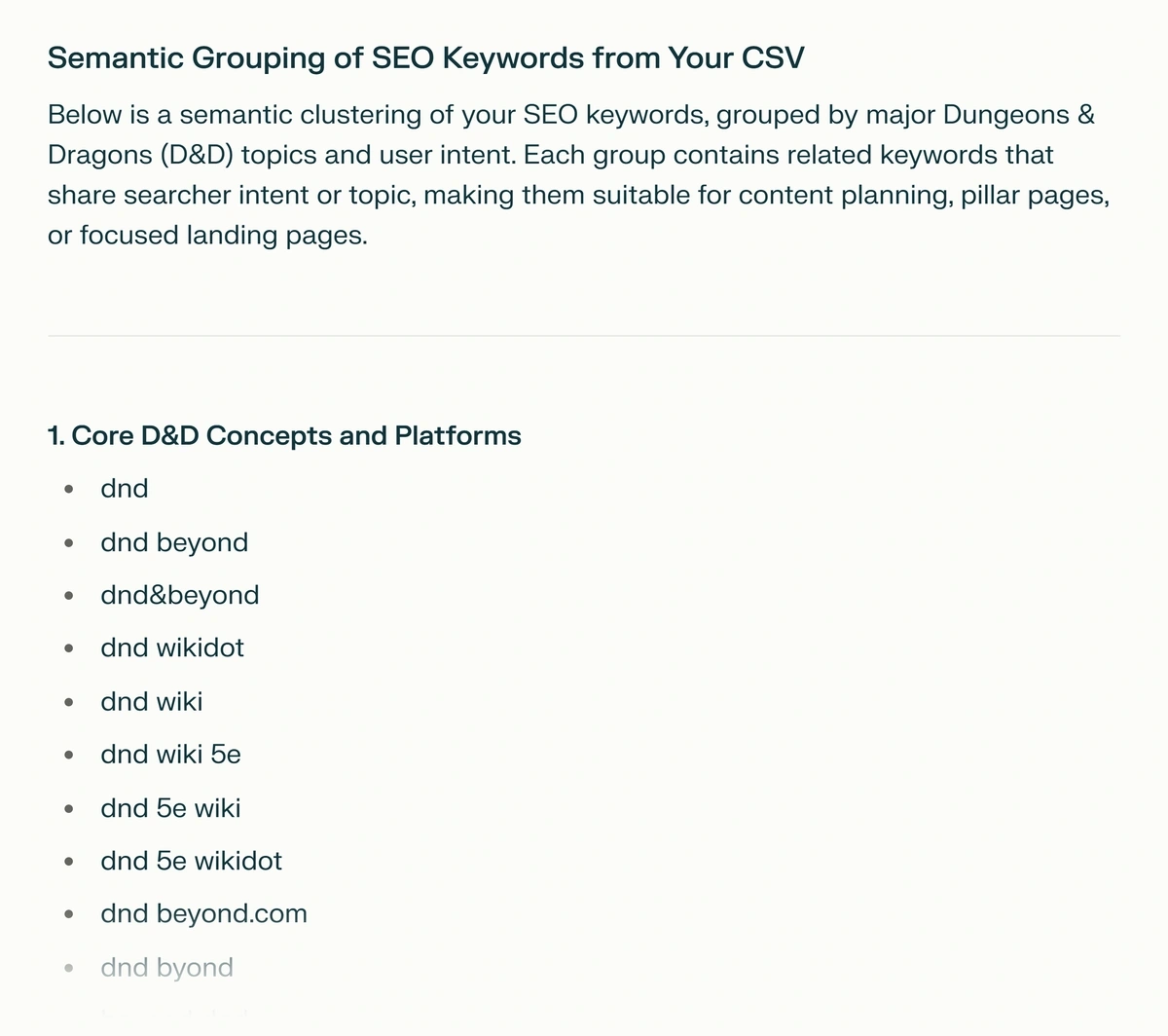 Perplexity's analysis of keywords in a CSV file, grouped together semantically in "Core D&D concepts and Platforms" and "Character creation & management"