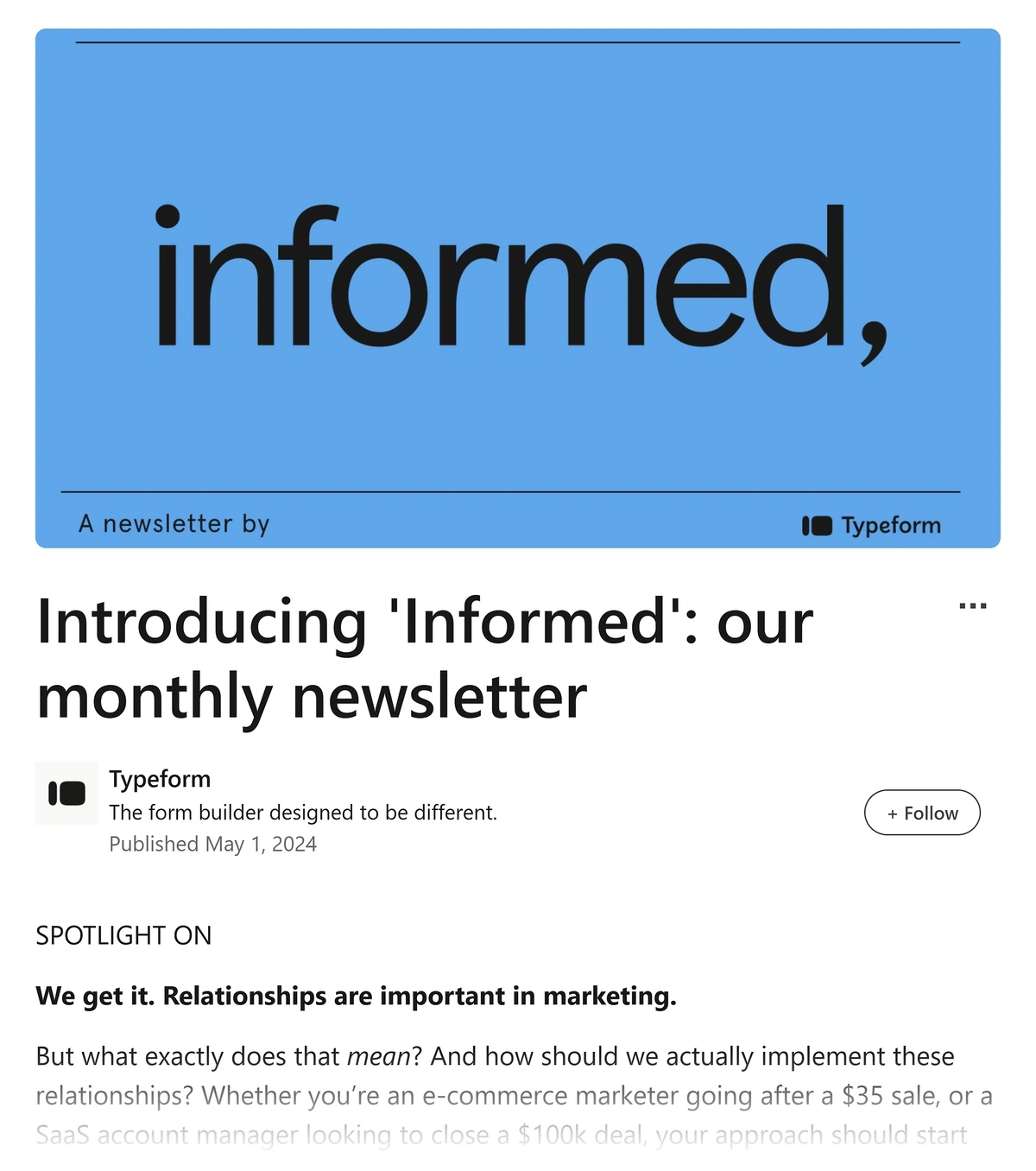 Typeform newsletter announcement from LinkedIn