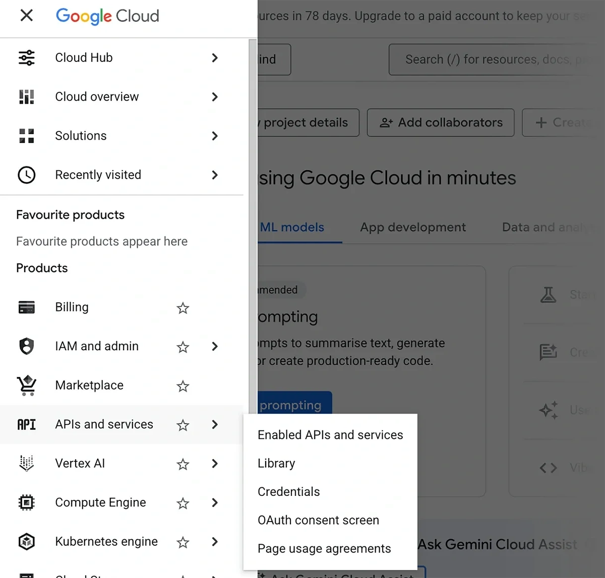 Google Cloud navigation menu with APIs and services highlighted