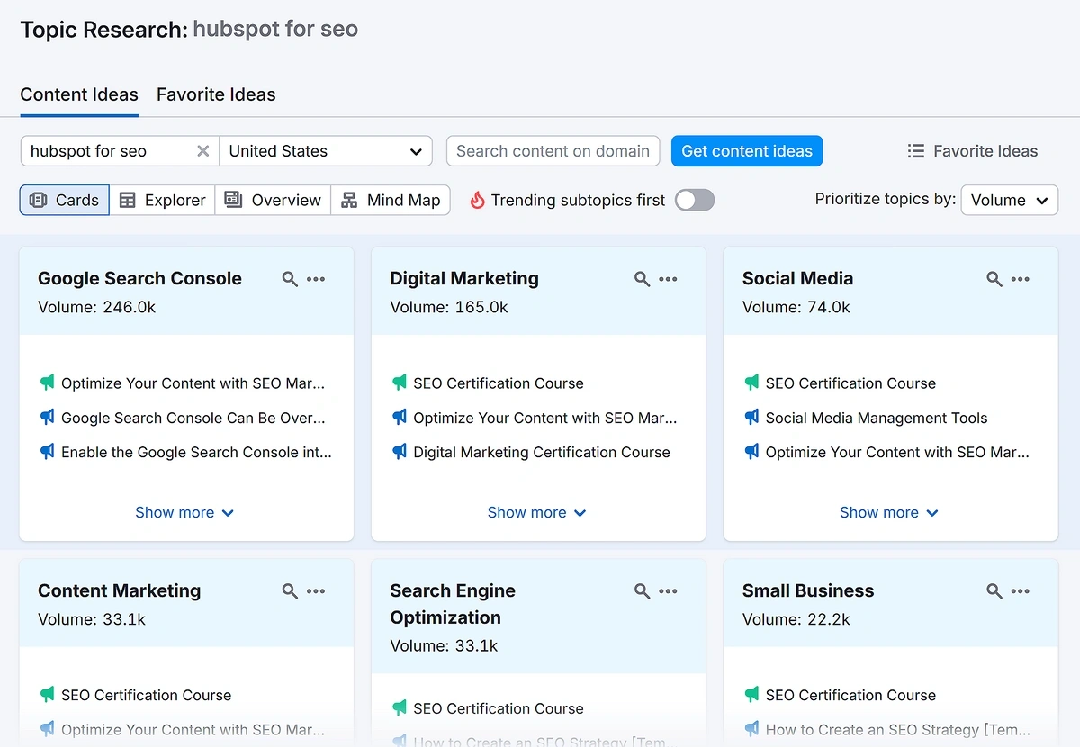 The Semrush Topic Research tool lists eight topic buckets related to HubSpot and SEO