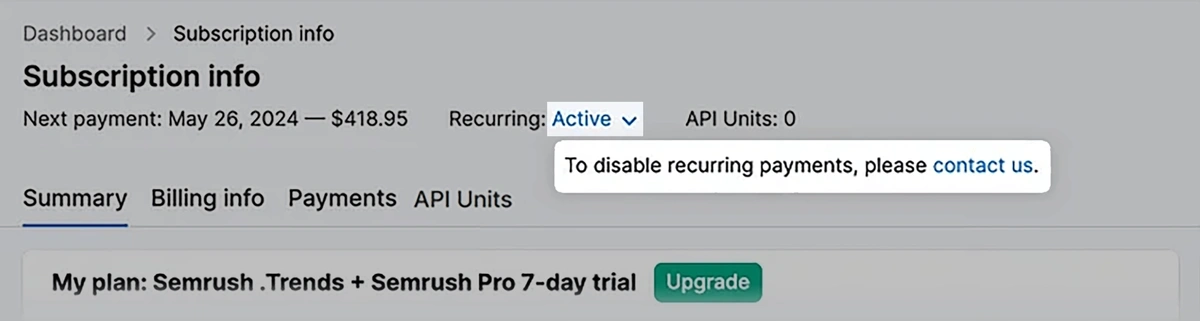 Subscription info screen in Semrush