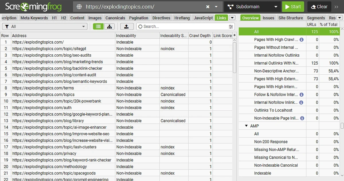 The Screaming Frog interface with a list of links and status codes.