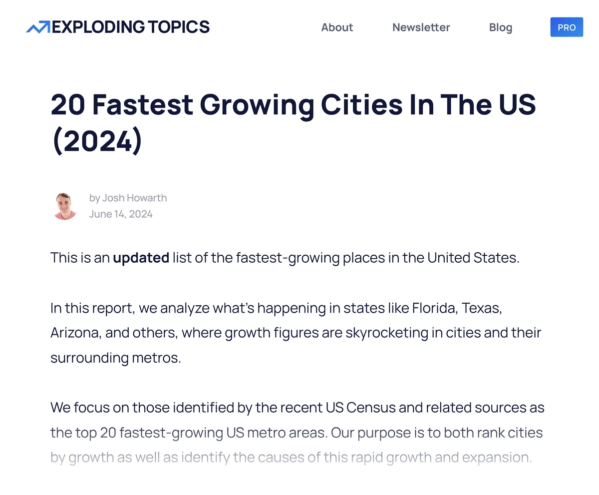 Exploding Topics fastest growing cities blog post