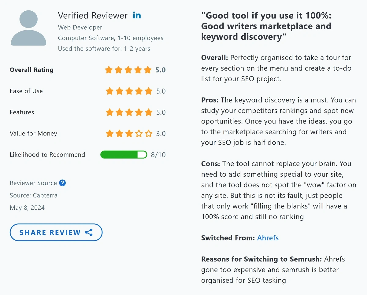 Example of a Semrush customer review