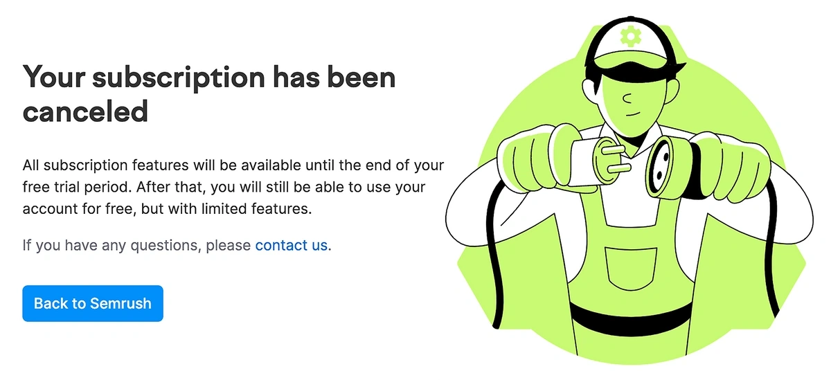 Confirmation screen after successfully canceling Semrush free trial