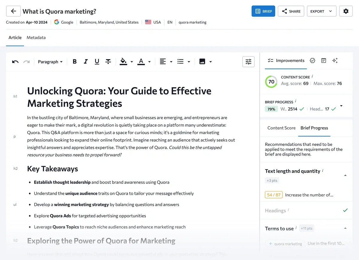 The SE Ranking content marketing text editor provides real-time SEO feedback.