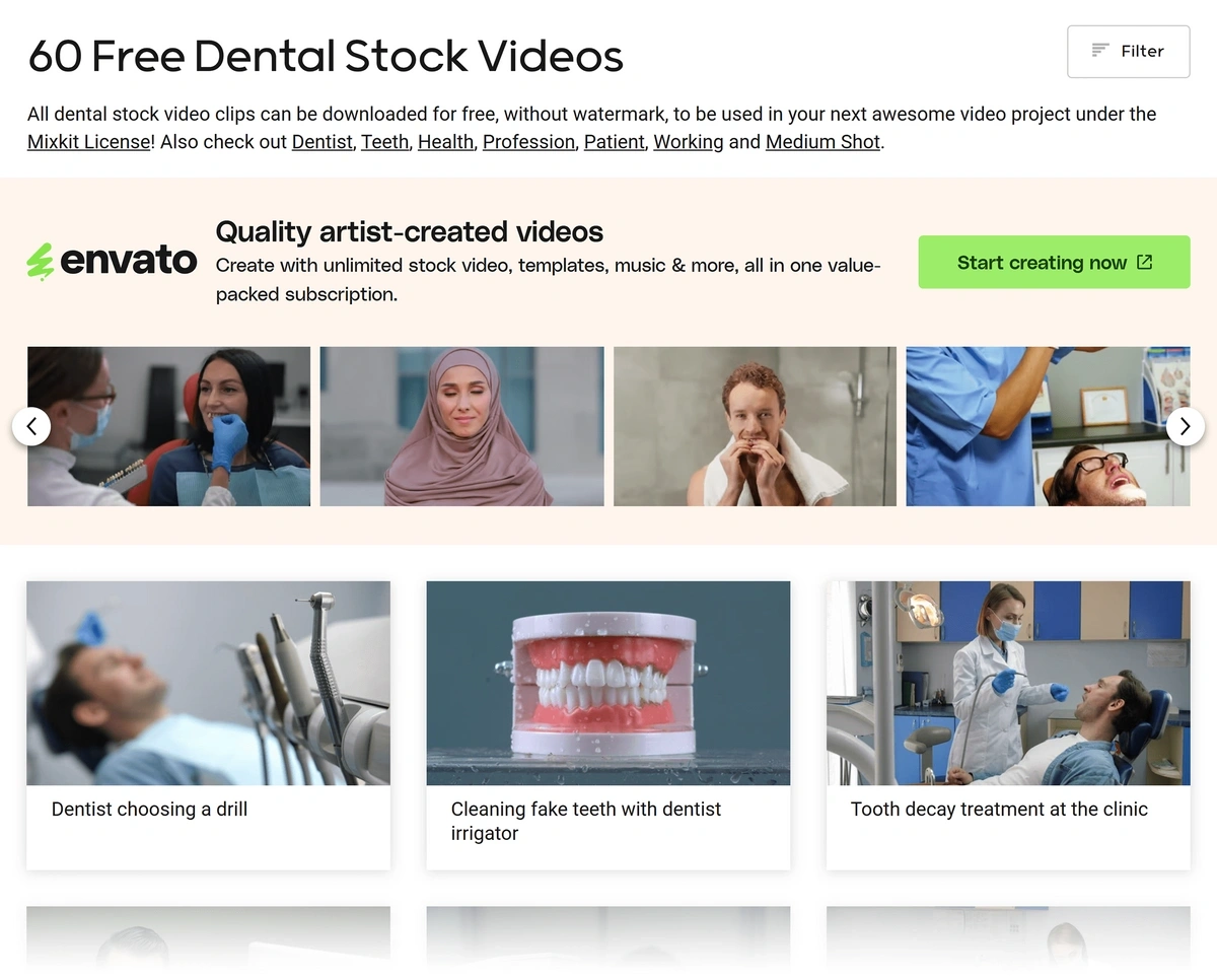 A Mixkit video page for free dental stock footage