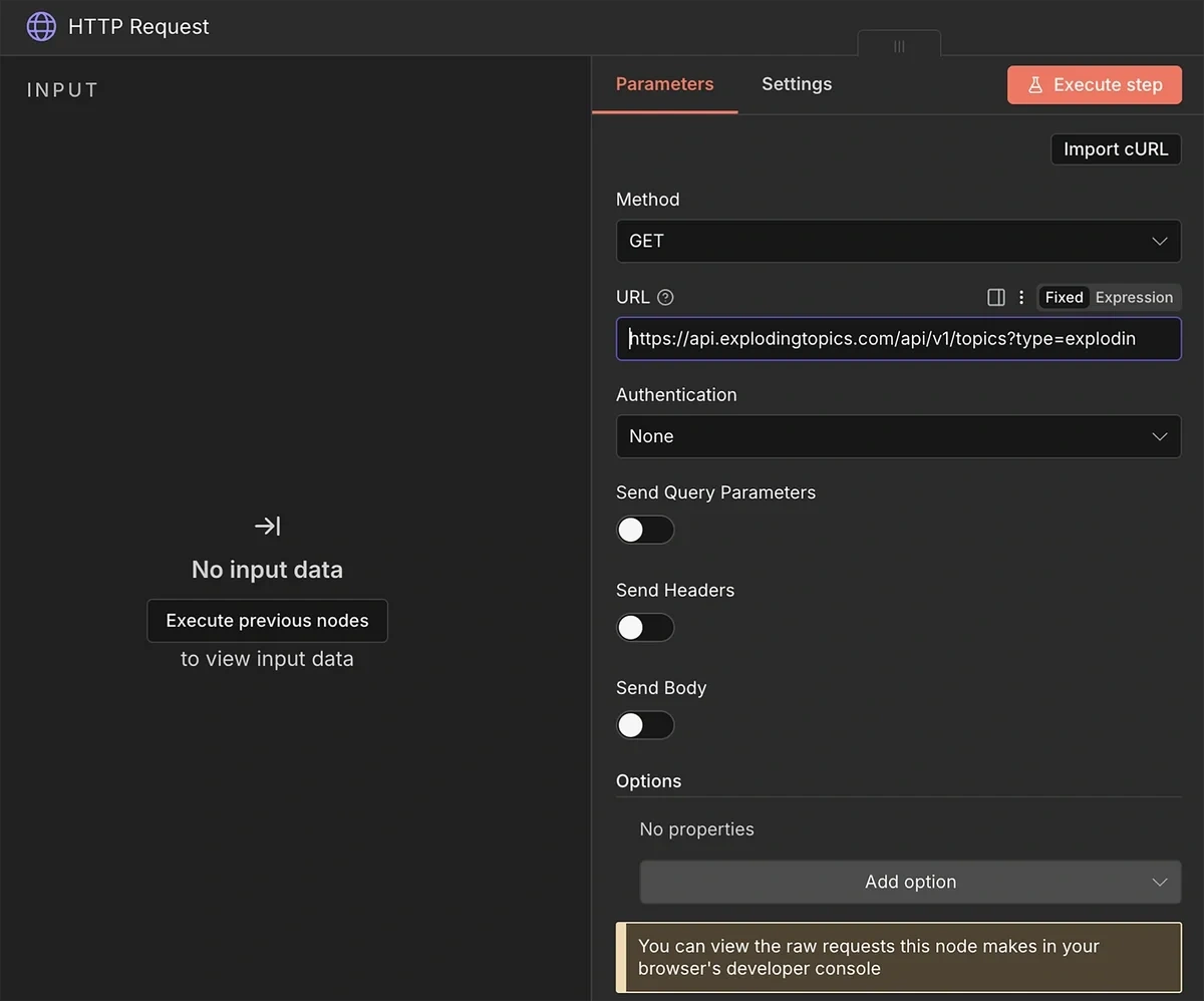 Settings for HTTP request node