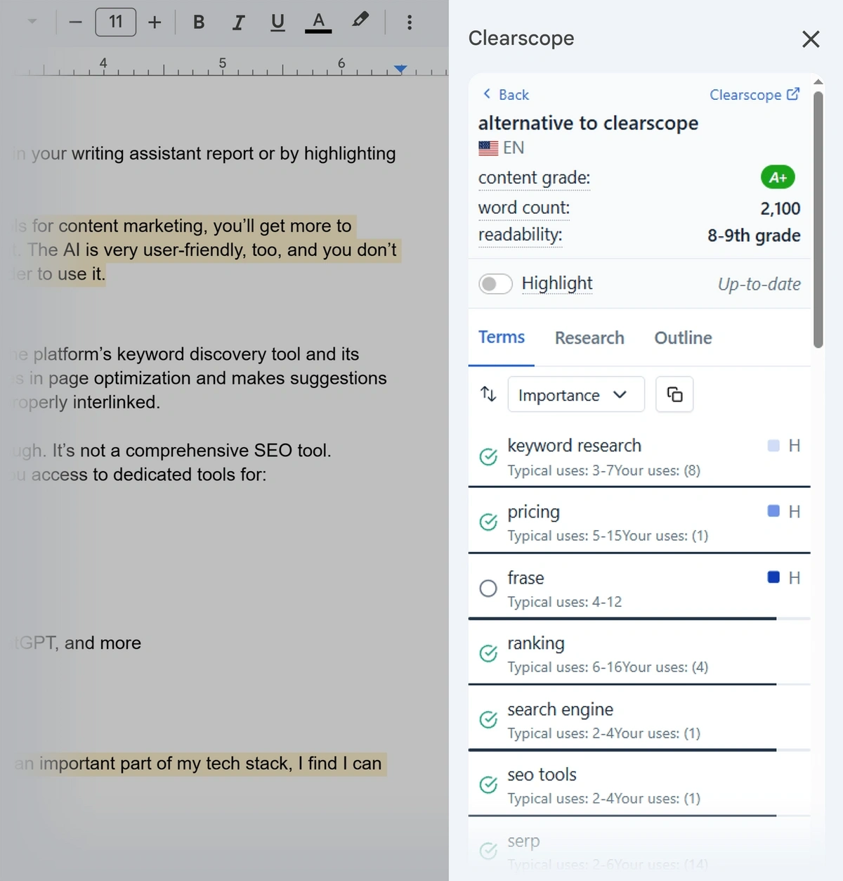 The Clearscope extension for Google Docs embeds keyword suggestions into the editor