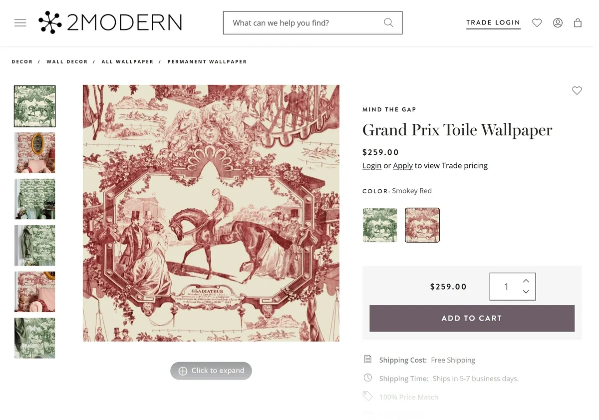 Red and white toile wallpaper pictured for sale on the 2Modern website.