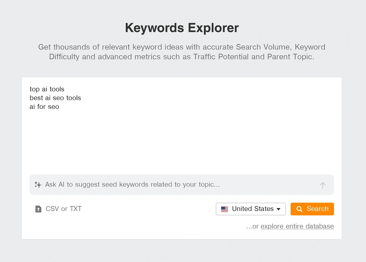 The Ahrefs Keywords Explorer start page with terms related to AI and SEO.