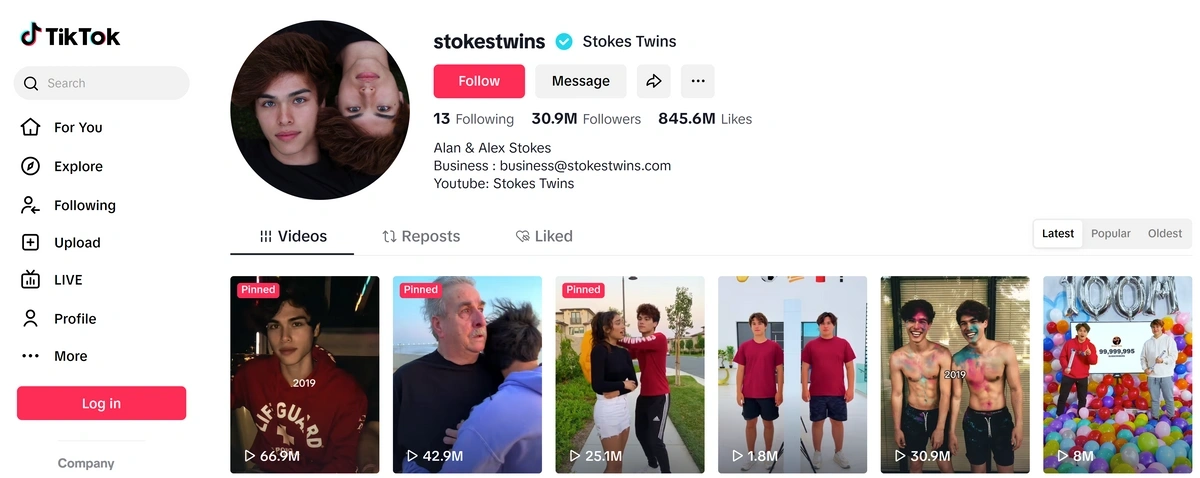 screenshot of the Stokes Twins' TikTok page