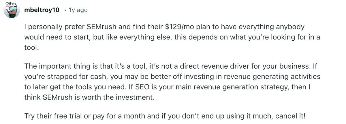 Reddit comment about Semrush value