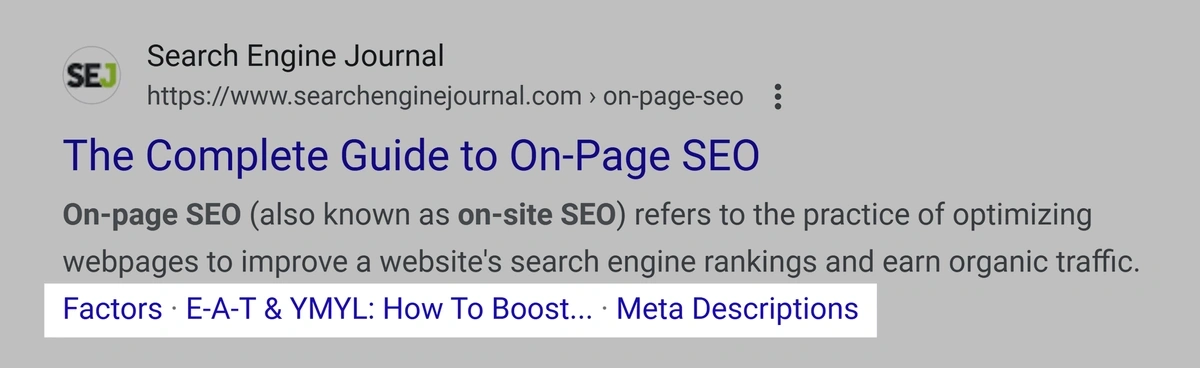 Example of sitelinks under a ranking article
