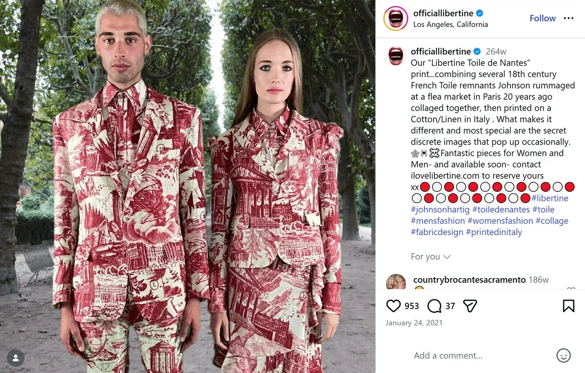 An Instagram page for a Libertine toile suit in red and white.