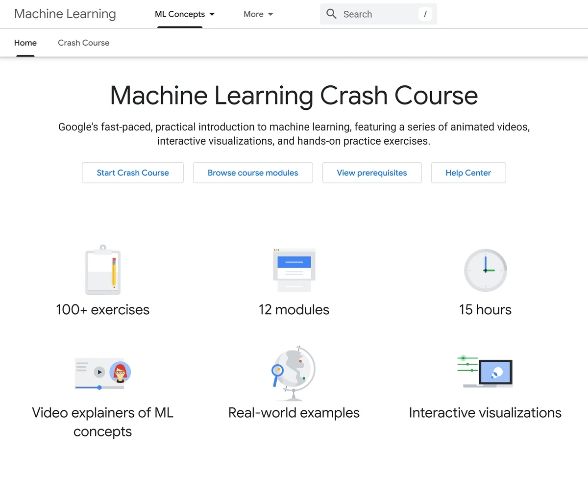 Google's machine learning course homepage