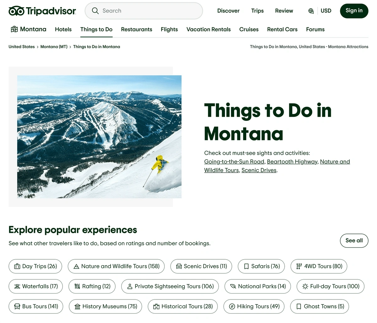 A TripAdvisor page for Things to Do In Montana shows a picture of a person skiing in a yellow jacket.